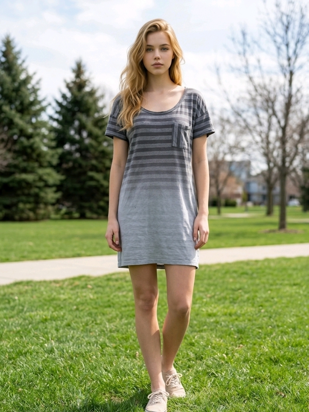 Columbia Casual Gray Striped Pocket T-Shirt Dress